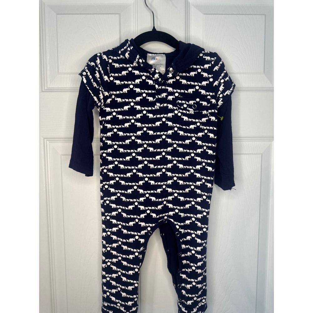 Nohi Kids Little Bird Navy Elephant Hooded Romper Organic Bamboo 18-24M